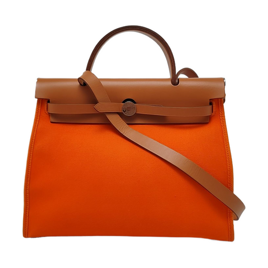 HERMÈS Herbag 31 Orange Canvas Tote Shoulder Bag with Silver Hardware-(SKU)-958901332