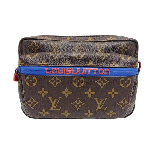 LOUIS VUITTON OUTDOOR Brown Coated Canvas Monogram Fanny Pack Crossbody Shoulder Bag with Red Hardware-(SKU)-958770718
