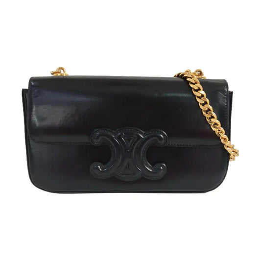 CELINE TRIOMPHE Black Calfskin Triumph Shoulder Bag Crossbody Bag Golden Black Hardware-(SKU)-958645648