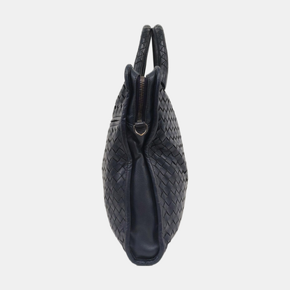 BOTTEGA VENETA Dark Blue Sheepskin Woven Single Shoulder Bag Handbag Ruthenium color hardware Removable shoulder strap-(SKU)-954022155