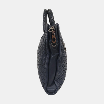 BOTTEGA VENETA Dark Blue Sheepskin Woven Single Shoulder Bag Handbag Ruthenium color hardware Removable shoulder strap-(SKU)-954022155