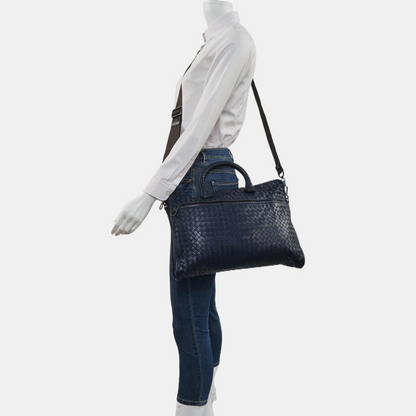 BOTTEGA VENETA Dark Blue Sheepskin Woven Single Shoulder Bag Handbag Ruthenium color hardware Removable shoulder strap-(SKU)-954022155