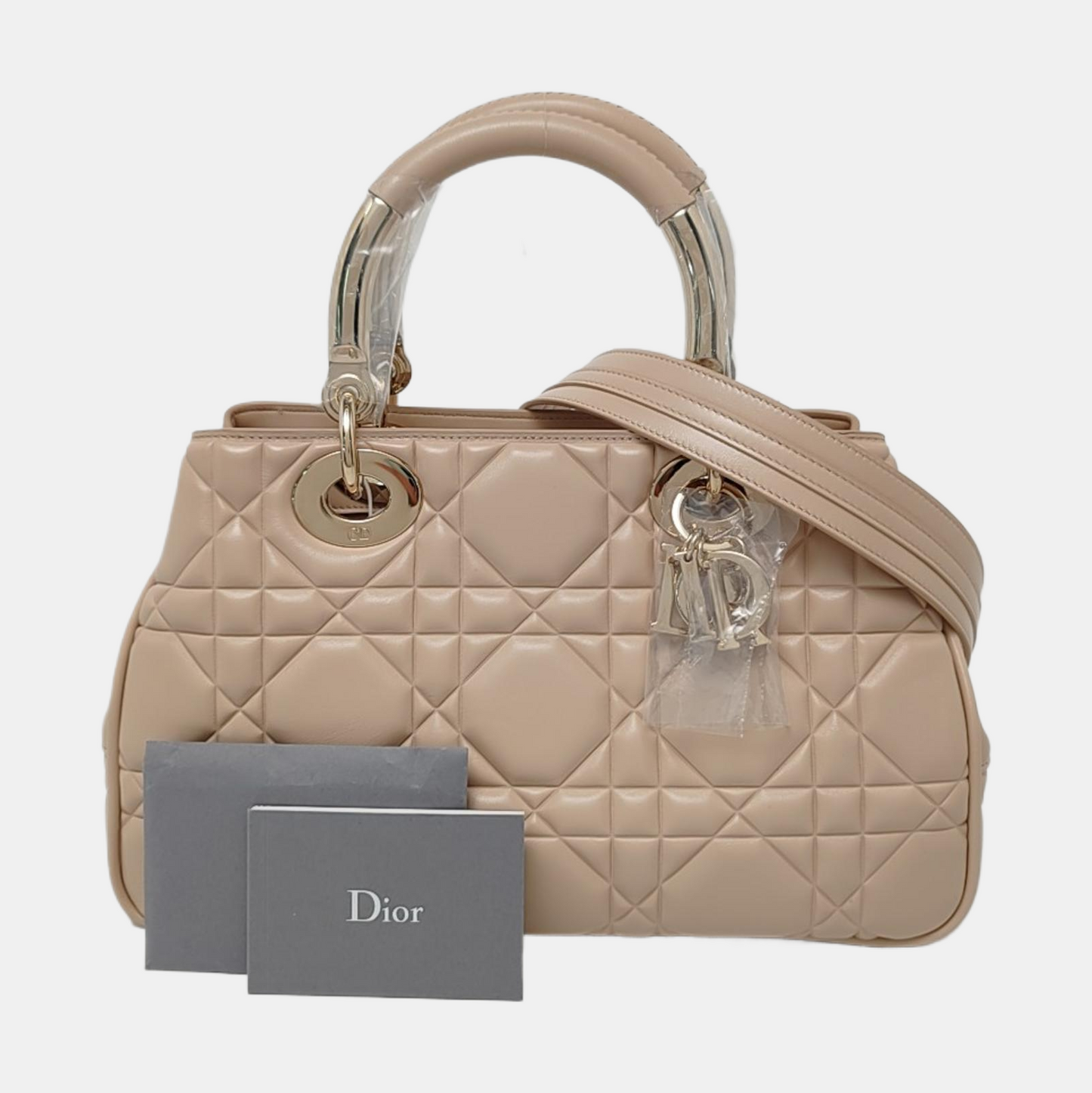 DIOR Lady Dior Small Beige Calfskin Cannage Embossed Shoulder Bag Tote Bag Crossbody Bag Golden Hardware Removable Strap-(SKU)-958701204