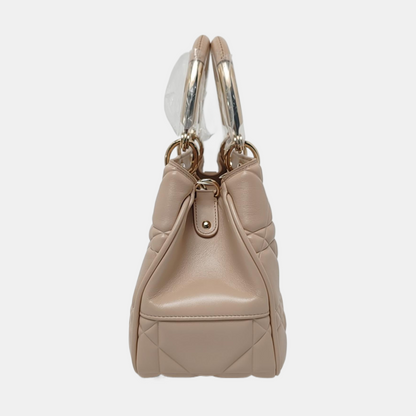 DIOR Lady Dior Small Beige Calfskin Cannage Embossed Shoulder Bag Tote Bag Crossbody Bag Golden Hardware Removable Strap-(SKU)-958701204