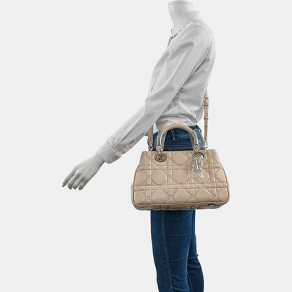 DIOR Lady Dior Small Beige Calfskin Cannage Embossed Shoulder Bag Tote Bag Crossbody Bag Golden Hardware Removable Strap-(SKU)-958701204