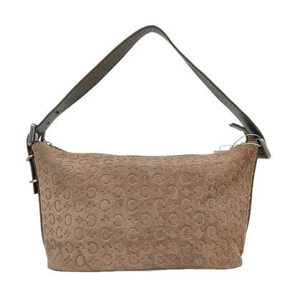 CELINE Khaki Velvet Leather Triumph Arch Embossed Single Shoulder Bag Handbag Silver Hardware-(SKU)-958683892