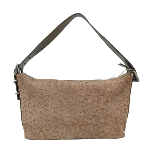 CELINE Khaki Velvet Leather Triumph Arch Embossed Single Shoulder Bag Handbag Silver Hardware-(SKU)-958683892