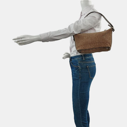 CELINE Khaki Velvet Leather Triumph Arch Embossed Single Shoulder Bag Handbag Silver Hardware-(SKU)-958683892
