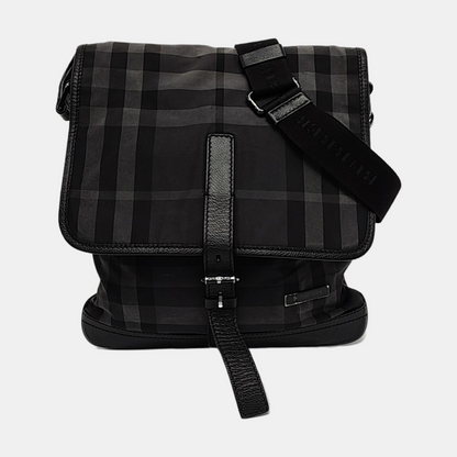 BURBERRY Dark Gray Nylon Battle Horse Plaid Single Shoulder Bag Crossbody Bag Ruthenium color hardware-(SKU)-958749400