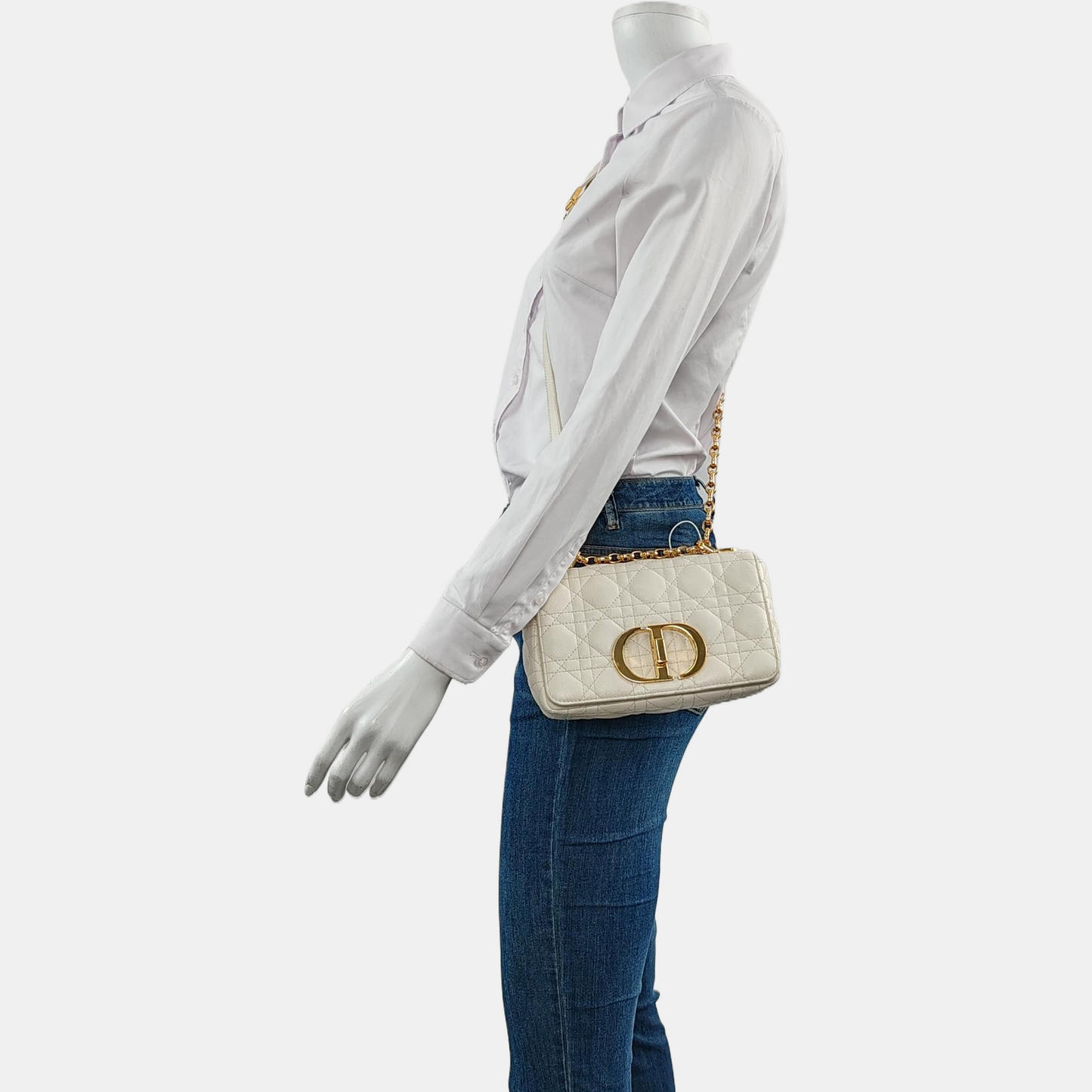 DIOR Dior Caro Small White Lamb Skin Monogram Quilted Crossbody Bag, Shoulder Bag, Golden Hardware-(SKU)-958801213