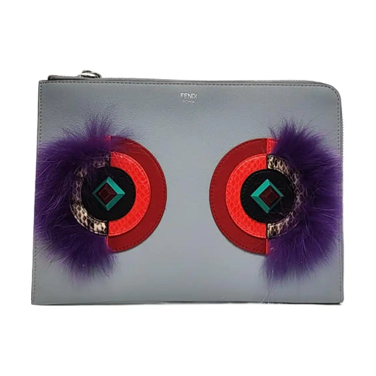FENDI Grey Cowhide Mini Monster Clutch Bag Silver Hardware Complete Accessories-(SKU)-958826475