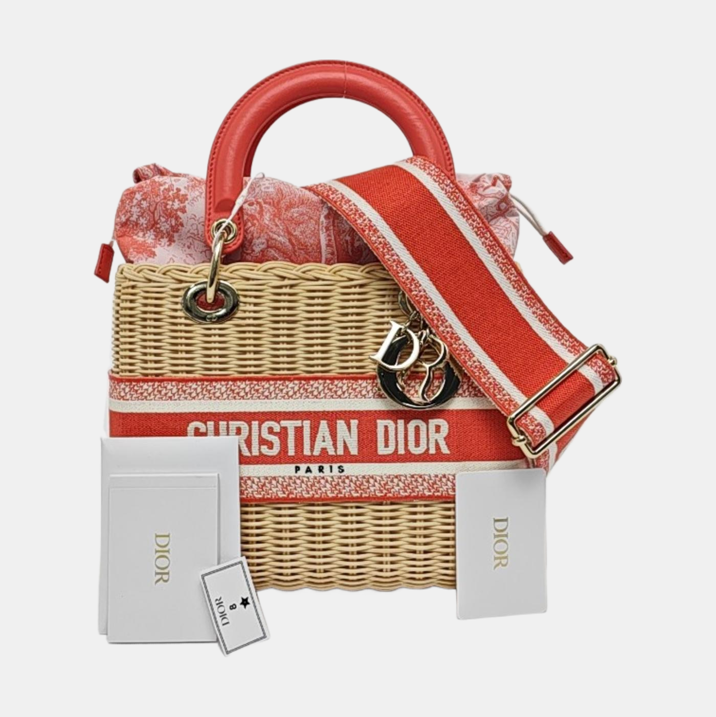 DIOR Lady Dior Medium Beige Straw Embroidered Weave Bag Shoulder Bag Crossbody Bag Gold Hardware Removable Strap-(SKU)-959028607