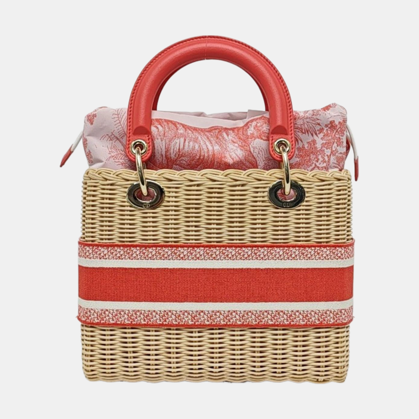DIOR Lady Dior Medium Beige Straw Embroidered Weave Bag Shoulder Bag Crossbody Bag Gold Hardware Removable Strap-(SKU)-959028607