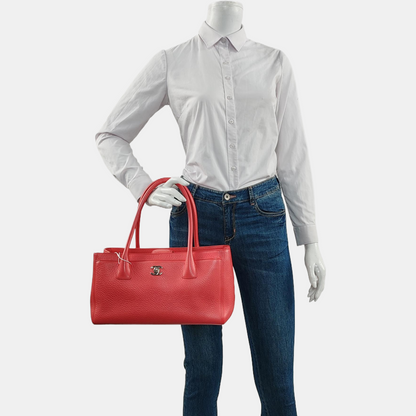 CHANEL CERF Red Textured Leather Tote Bag with Silver Hardware, 19 Compartments-(SKU)-958682844