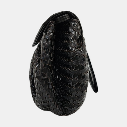 FENDI Black Leather Woven Single Shoulder Handbag Silver Hardware Removable shoulder strap-(SKU)-959209591