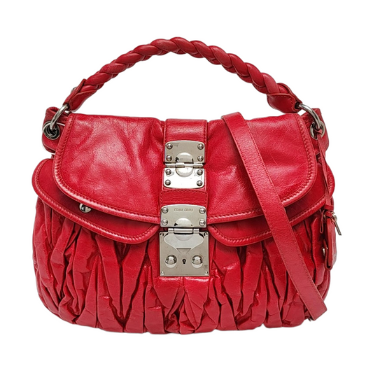 Miu Miu Miu Coffer Red Lamb Leather Quilted Woven Single Shoulder Bag Handbag Crossbody Silver Hardware Removable shoulder strap-(SKU)-959188889