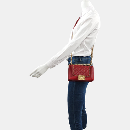 CHANEL BOY CHANEL Small Red Leather Quilted Shoulder Bag with Shoulder Strap and Handle, Gold Hardware, 23 Opening, Detachable Strap-(SKU)-955618123