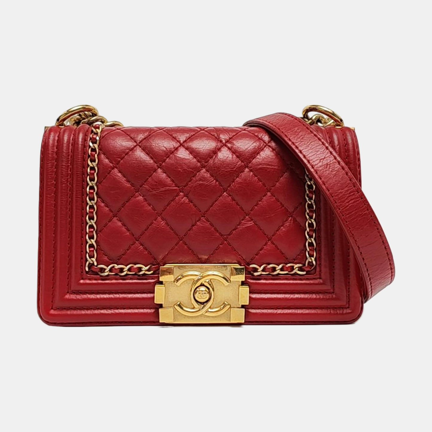 CHANEL BOY CHANEL Small Red Leather Quilted Shoulder Bag with Shoulder Strap and Handle, Gold Hardware, 23 Opening, Detachable Strap-(SKU)-955618123