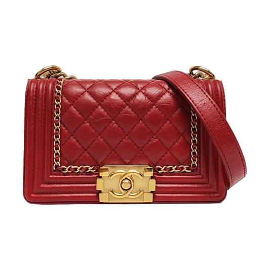 CHANEL BOY CHANEL Small Red Leather Quilted Shoulder Bag with Shoulder Strap and Handle, Gold Hardware, 23 Opening, Detachable Strap-(SKU)-955618123