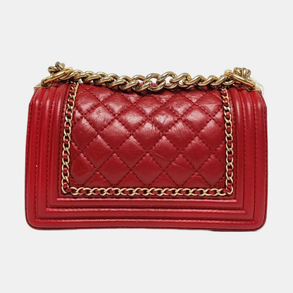 CHANEL BOY CHANEL Small Red Leather Quilted Shoulder Bag with Shoulder Strap and Handle, Gold Hardware, 23 Opening, Detachable Strap-(SKU)-955618123