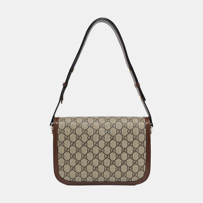 GUCCI Horsebit 1955 Small Size Beige Coated Canvas Monogram Horsebit Saddle Bag Crossbody Bag Shoulder Bag Gold Hardware-(SKU)-958962593