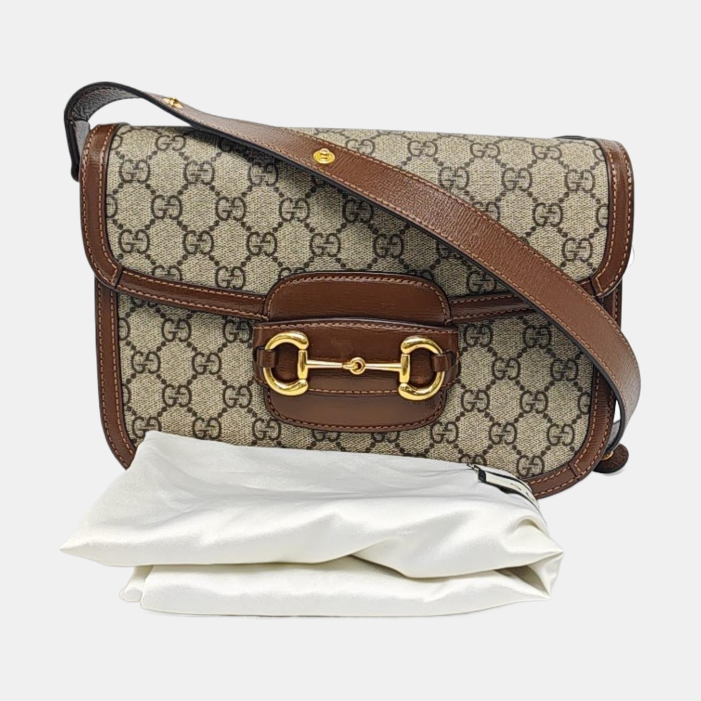 GUCCI Horsebit 1955 Small Size Khaki Coated Canvas Monogram Printed Saddle Bag Crossbody Bag Shoulder Bag Gold Hardware-(SKU)-958962620