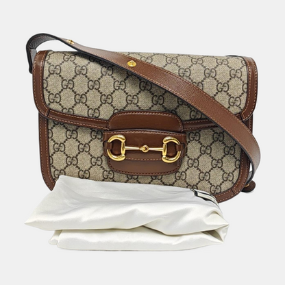 GUCCI Horsebit 1955 Small Size Khaki Coated Canvas Monogram Printed Saddle Bag Crossbody Bag Shoulder Bag Gold Hardware-(SKU)-958962620