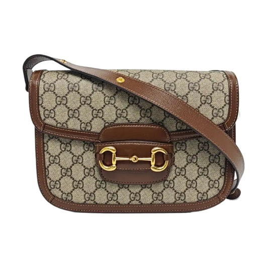 GUCCI Horsebit 1955 Small Size Khaki Coated Canvas Monogram Printed Saddle Bag Crossbody Bag Shoulder Bag Gold Hardware-(SKU)-958962620