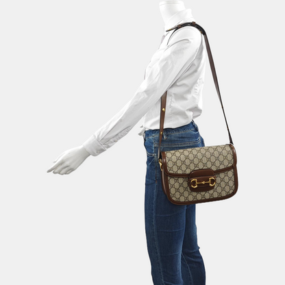 GUCCI Horsebit 1955 Small Size Khaki Coated Canvas Monogram Printed Saddle Bag Crossbody Bag Shoulder Bag Gold Hardware-(SKU)-958962620