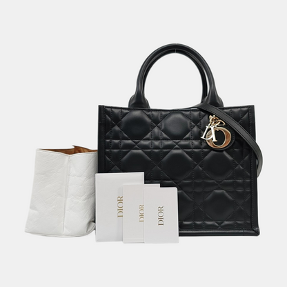 DIOR Book Tote Small Size Black Calfskin Cannage Quilted Single Shoulder Bag Tote Crossbody with Gold Hardware Removable Shoulder Strap-(SKU)-959333294