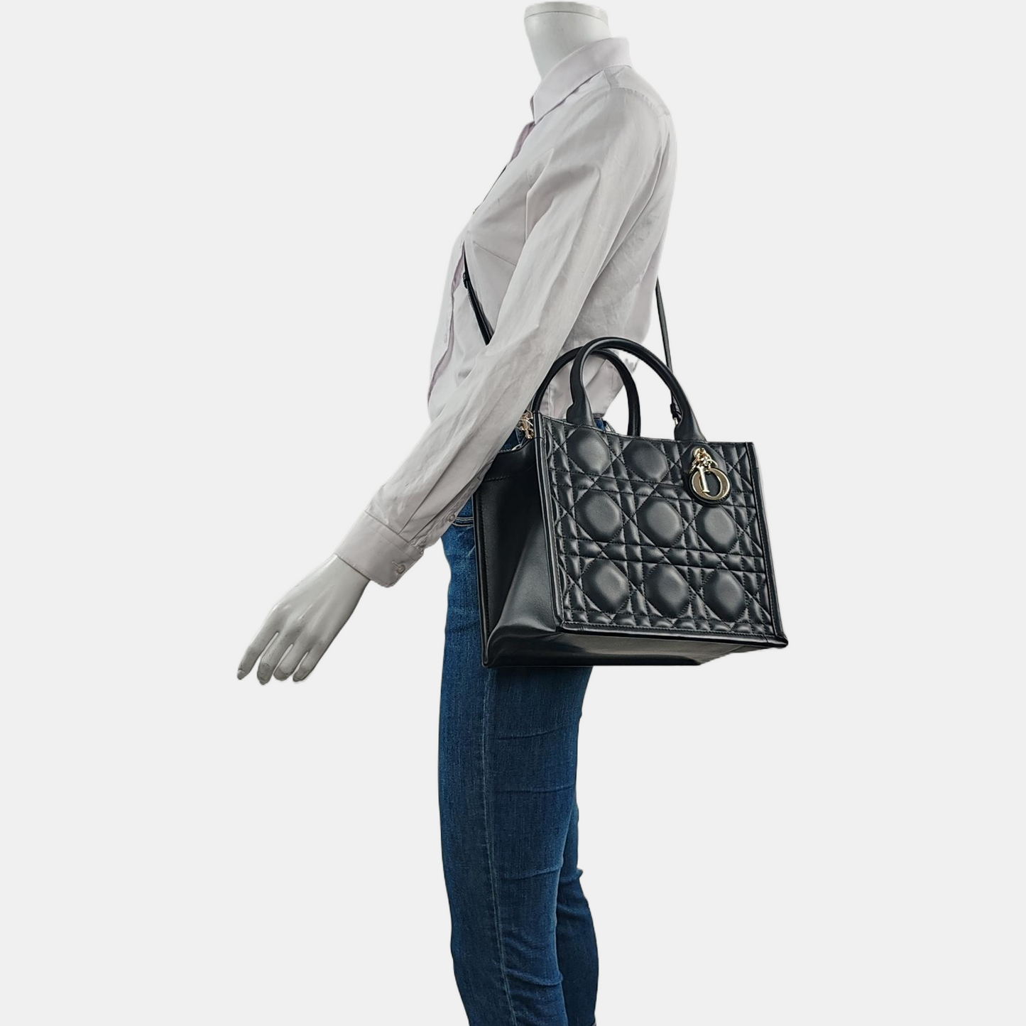 DIOR Book Tote Small Size Black Calfskin Cannage Quilted Single Shoulder Bag Tote Crossbody with Gold Hardware Removable Shoulder Strap-(SKU)-959333294
