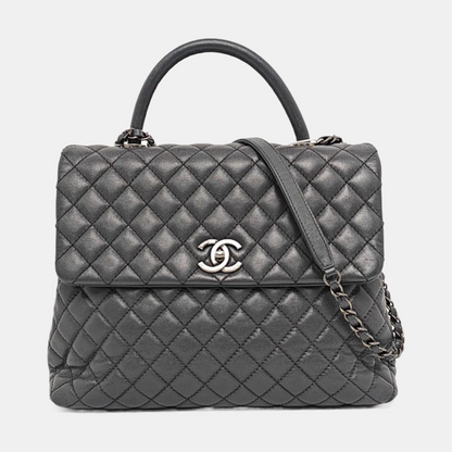 CHANEL COCO HANDLE Large Dark Grey Calfskin Quilted Shoulder Bag Tote Bag Crossbody Ruthenium Hardware 21cm-(SKU)-959419122