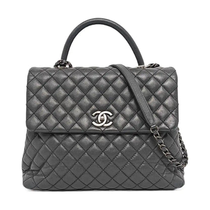 CHANEL COCO HANDLE Large Dark Grey Calfskin Quilted Shoulder Bag Tote Bag Crossbody Ruthenium Hardware 21cm-(SKU)-959419122