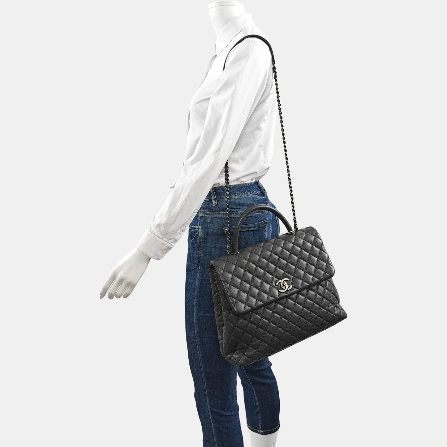 CHANEL COCO HANDLE Large Dark Grey Calfskin Quilted Shoulder Bag Tote Bag Crossbody Ruthenium Hardware 21cm-(SKU)-959419122