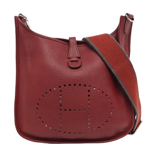 HERMÈS Evelyne PM Hermes Red Clemence Calfskin Cut-Out Evelyne Crossbody Bag Shoulder Bag Silver Hardware 🄾 Engraving Removable Strap-(SKU)-959479949