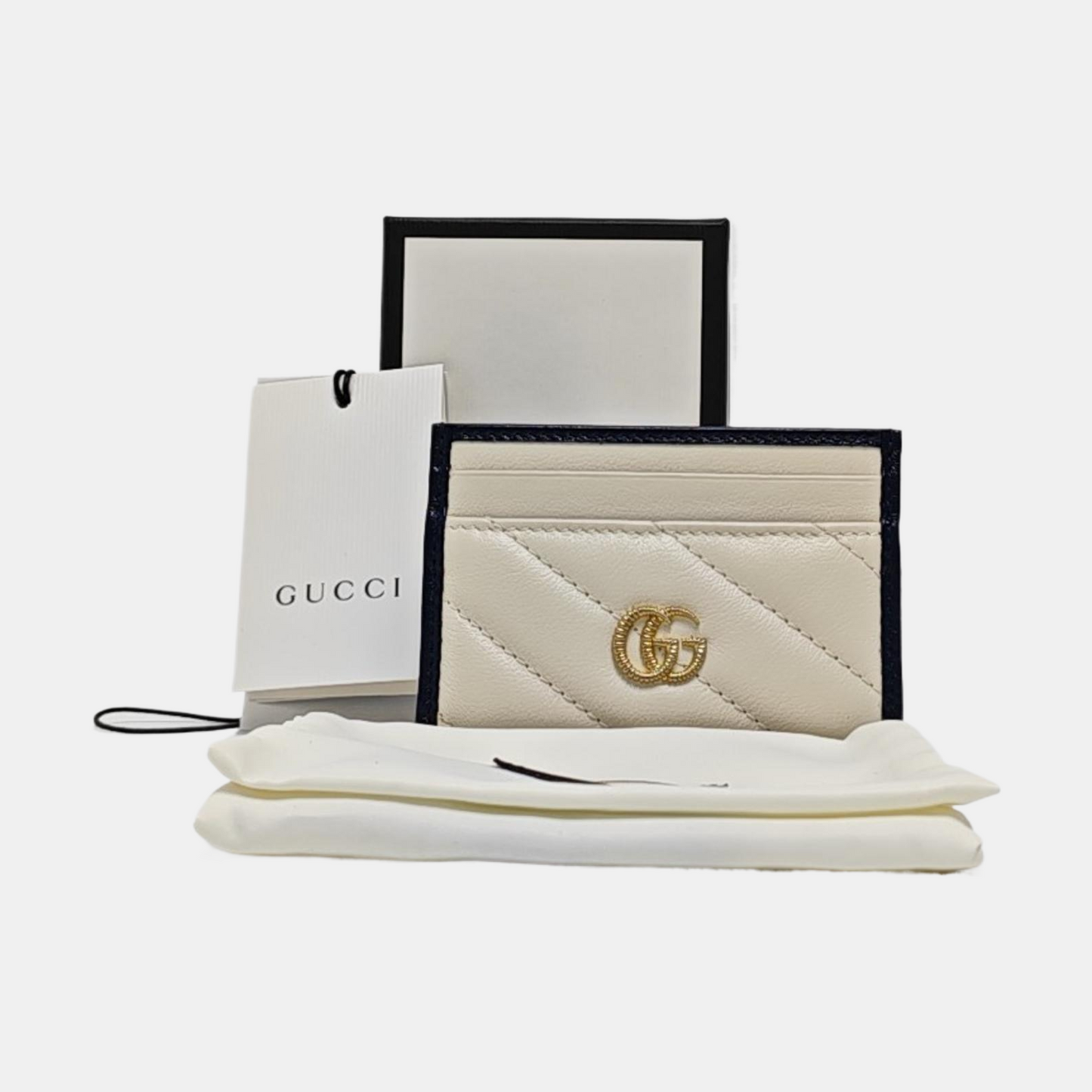GUCCI GG Marmont White Leather Quilted Stripe Wallet Golden hardware Complete Accessories-(SKU)-959184905