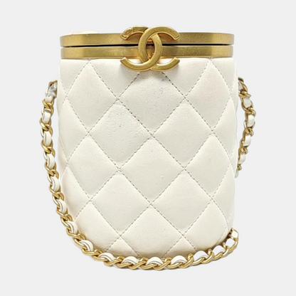 CHANEL CROWN BOX VANITY Small White Calf Leather Quilted Crossbody Shoulder Bag-(SKU)-959504326