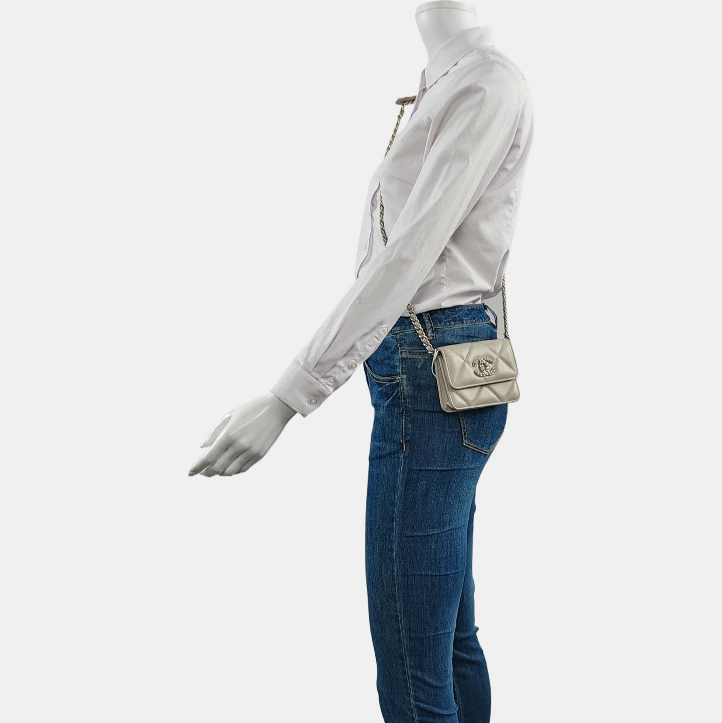 CHANEL CHANEL 19 Small Size Light Gray Lamb Calfskin Quilted Chevron Crossbody Shoulder Bag Gold Silver Rhodium Plated Hardware 31 Clasp Complete Accessories-(SKU)-959482511