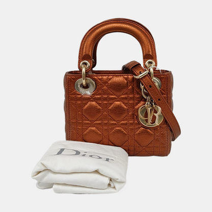 DIOR Lady Dior Mini Brick Red Calfskin Quilted Grained Three Compartment Shoulder Bag Crossbody Bag Tote Bag Gold Hardware Removable Strap-(SKU)-959613888