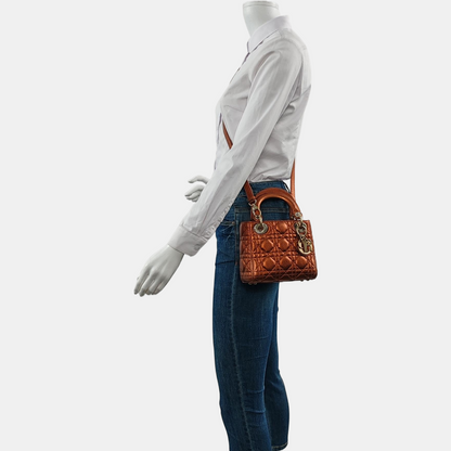 DIOR Lady Dior Mini Brick Red Calfskin Quilted Grained Three Compartment Shoulder Bag Crossbody Bag Tote Bag Gold Hardware Removable Strap-(SKU)-959613888