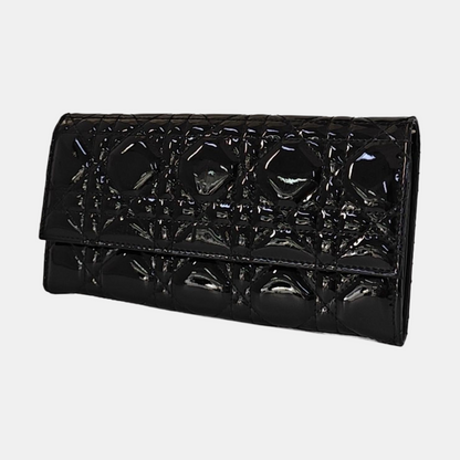 DIOR Lady Dior Black patent leather cannage quilted wallet Silver Hardware-(SKU)-959523317