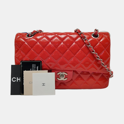 CHANEL CLASSIC FLAP Orange Patent Leather Quilted Crossbody Shoulder Bag with Silver Hardware, 14K-(SKU)-959565194