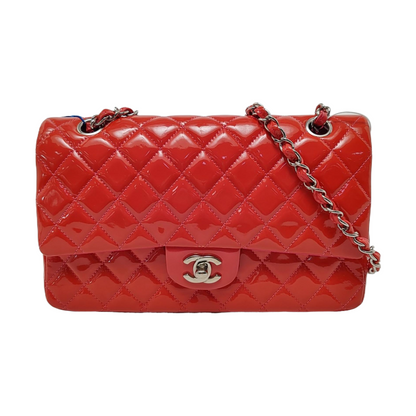 CHANEL CLASSIC FLAP Orange Patent Leather Quilted Crossbody Shoulder Bag with Silver Hardware, 14K-(SKU)-959565194