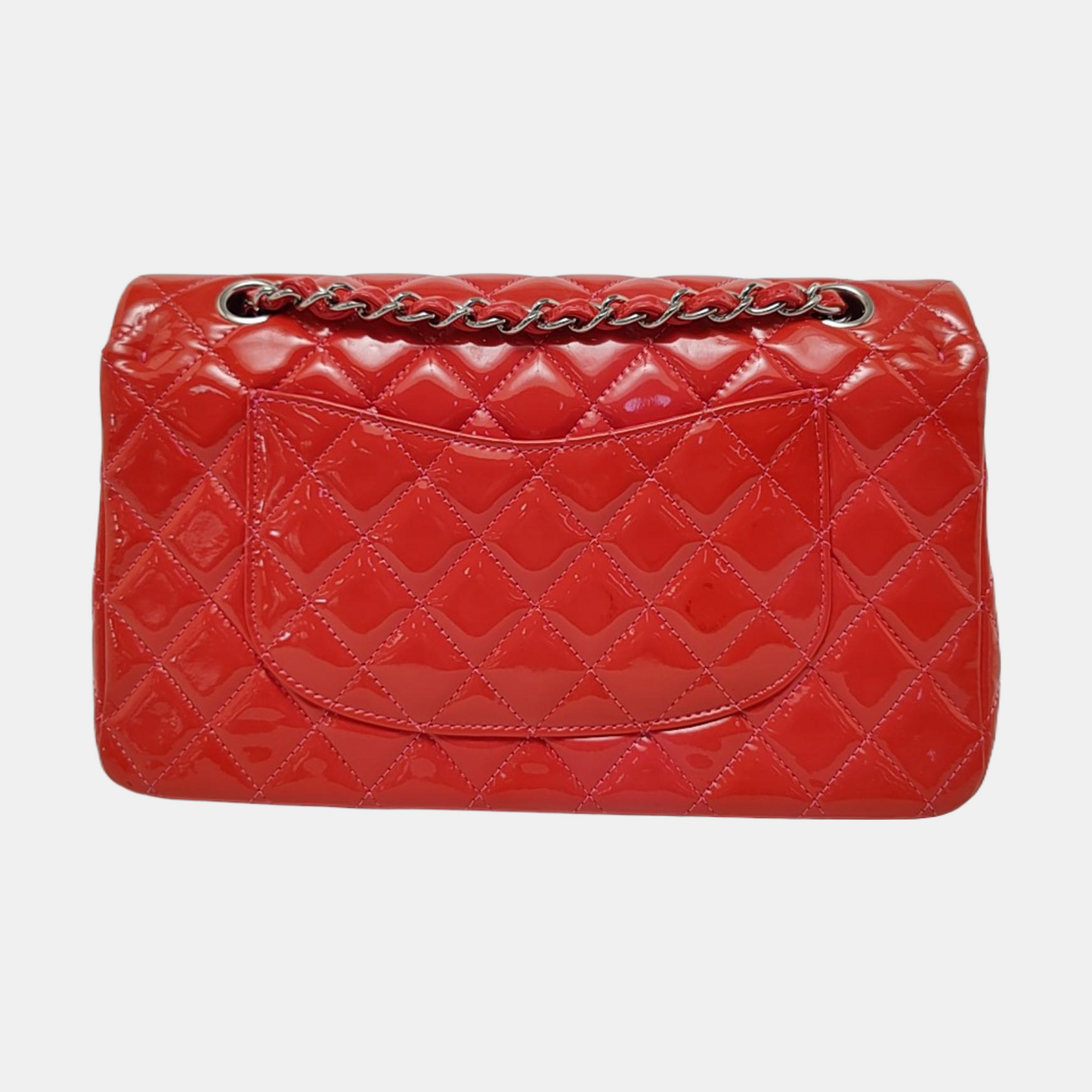 CHANEL CLASSIC FLAP Orange Patent Leather Quilted Crossbody Shoulder Bag with Silver Hardware, 14K-(SKU)-959565194