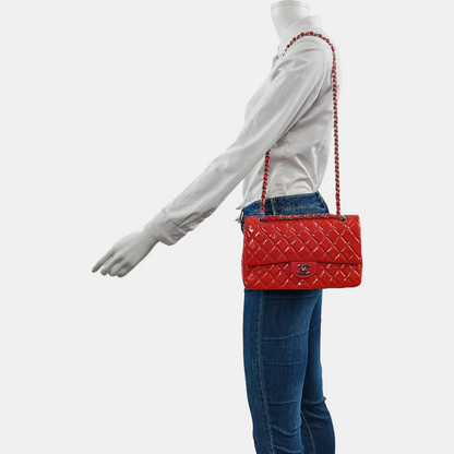 CHANEL CLASSIC FLAP Orange Patent Leather Quilted Crossbody Shoulder Bag with Silver Hardware, 14K-(SKU)-959565194