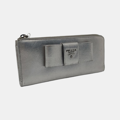 PRADA Silver Cowhide Crosshatch Pattern Wallet Silver Hardware-(SKU)-959593939