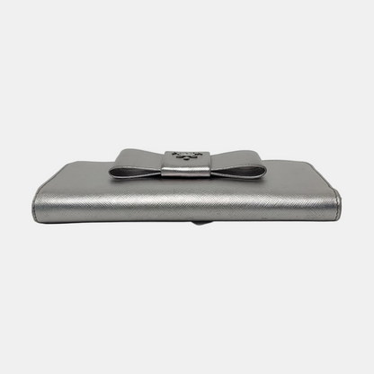 PRADA Silver Cowhide Crosshatch Pattern Wallet Silver Hardware-(SKU)-959593939