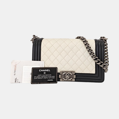 CHANEL BOY CHANEL Medium White Lamb Skin Quilted Single Shoulder Bag Detachable Strap Rhodium Hardware 18 Clasp-(SKU)-959564808