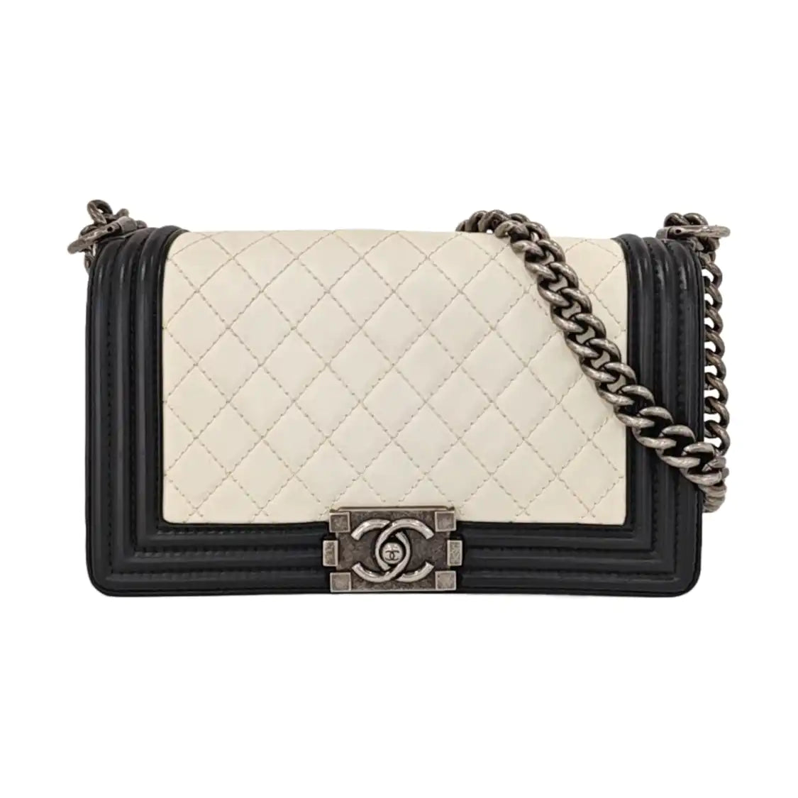 CHANEL BOY CHANEL Medium White Lamb Skin Quilted Single Shoulder Bag Detachable Strap Rhodium Hardware 18 Clasp-(SKU)-959564808