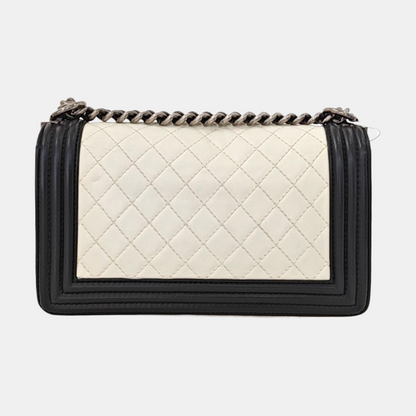 CHANEL BOY CHANEL Medium White Lamb Skin Quilted Single Shoulder Bag Detachable Strap Rhodium Hardware 18 Clasp-(SKU)-959564808